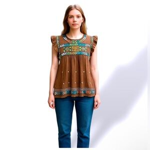 En Creme Tan Turquoise Peasant Flutter Ruffle Festival Boho Top Blouse Small‎ S